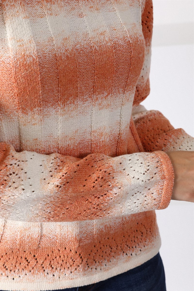 Ferraro Orange Yuvarlak Yaka Pamuklu Çizgili Kadın Triko Kazak