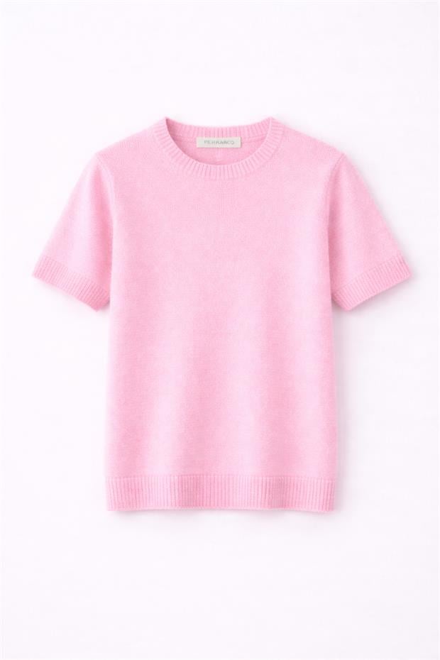 Ferraro Pembe Kadın Mevsimlik Yün Karışımlı Kısa Kollu Triko Bluz