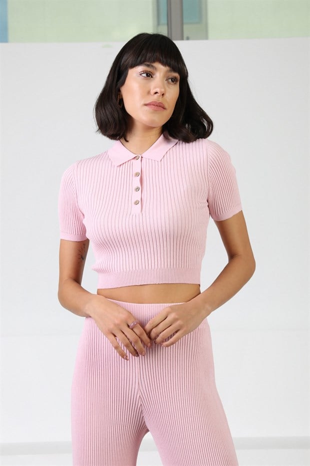 Ferraro Pembe Kadın Polo Yaka Kısa Kol Fitilli Viskon Triko Bluz