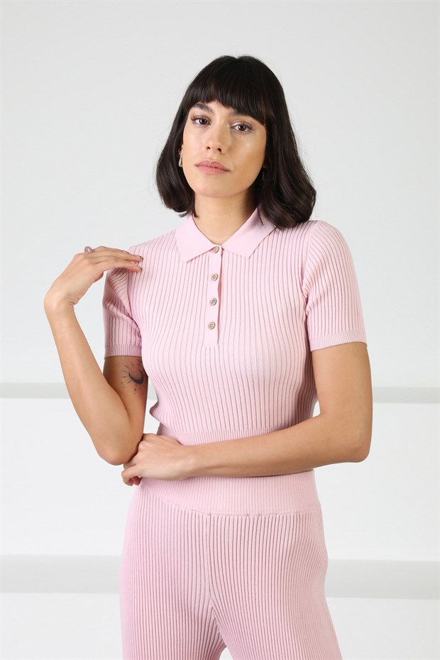 Ferraro Pembe Kadın Polo Yaka Kısa Kol Fitilli Viskon Triko Bluz