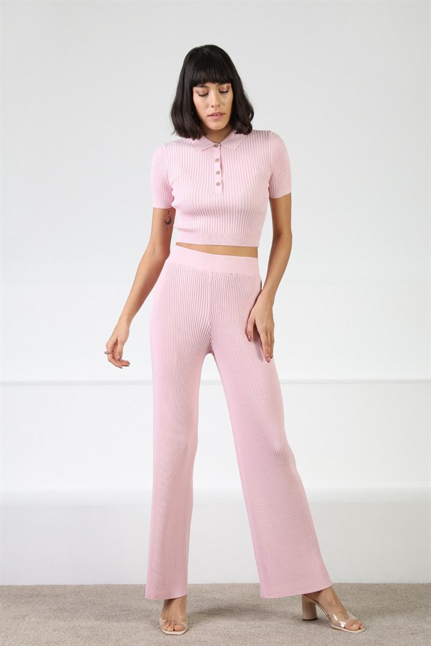 Ferraro Pembe Kadın Polo Yaka Kısa Kol Fitilli Viskon Triko Bluz