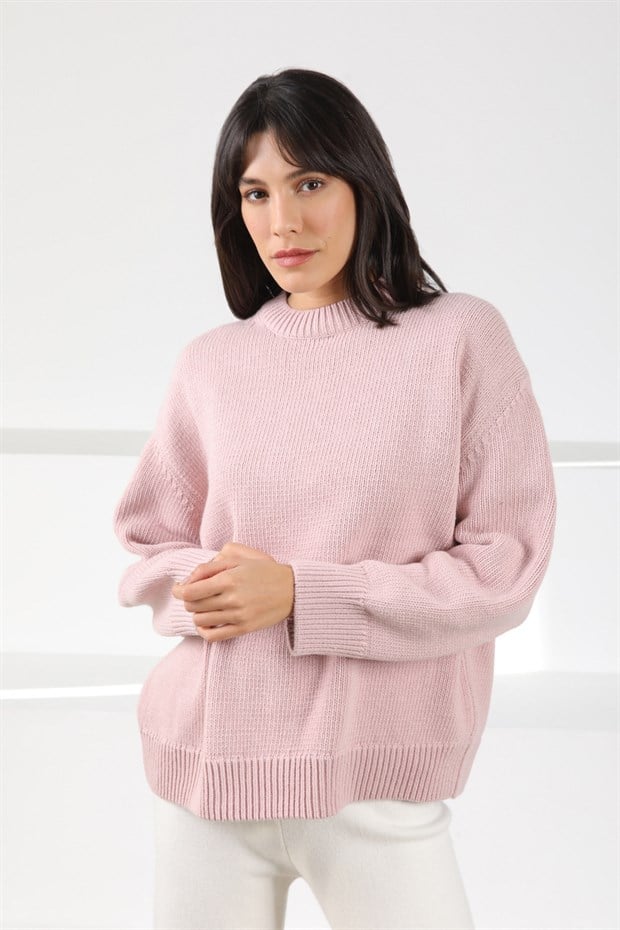 Ferraro Pembe Uzun Kollu Bisiklet Yaka Kaşmirli Oversize Kadın Triko Kazak