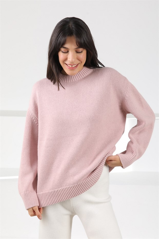 Ferraro Pembe Uzun Kollu Bisiklet Yaka Kaşmirli Oversize Kadın Triko Kazak
