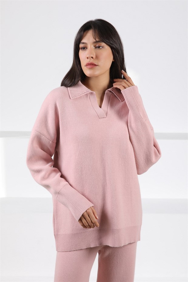 Ferraro Pembe Uzun Kollu Rahat Kesim Polo Yaka Kaşmirli Kadın Triko Kazak