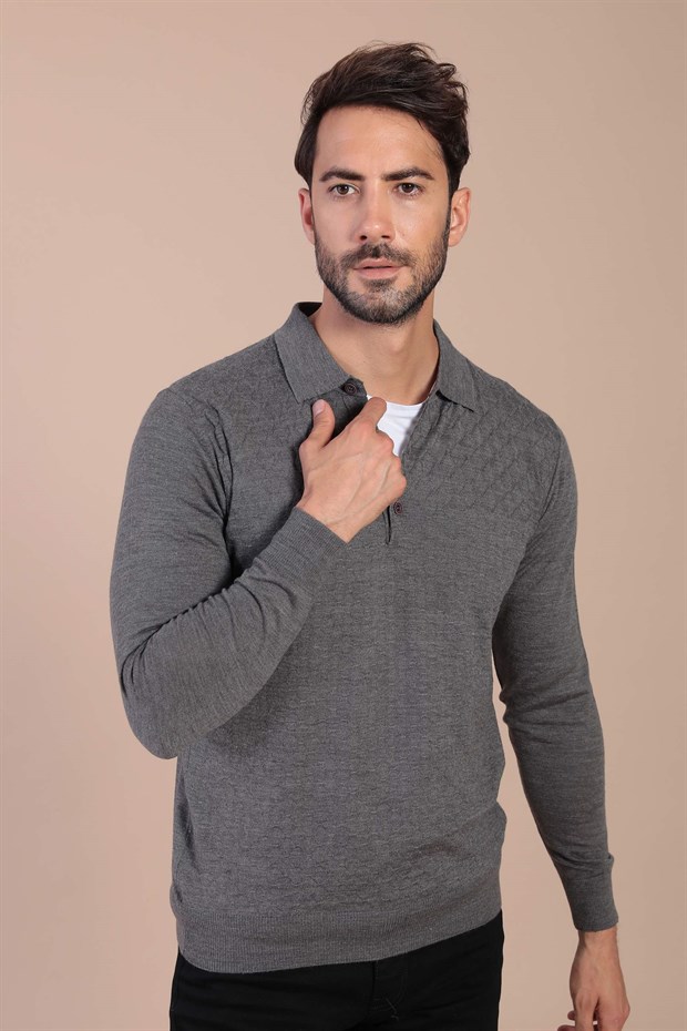 Ferraro Polo Yaka Superfine Yün Kazak - Gri