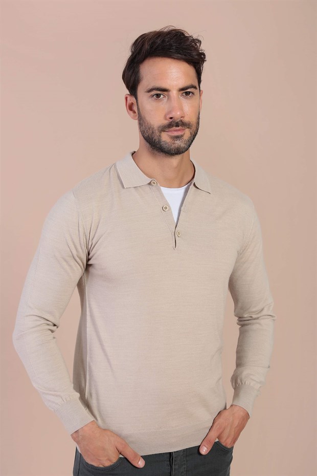 Ferraro Polo Yaka Superfine Yün Kazak - Taş