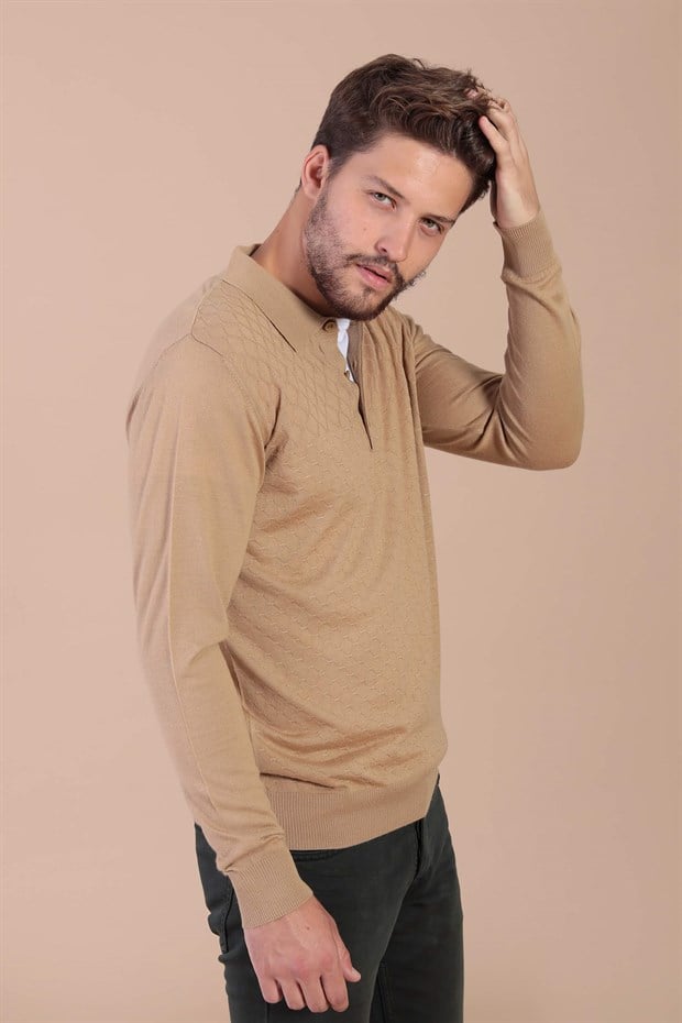Ferraro Polo Yaka Superfine Yün Kazak - Camel