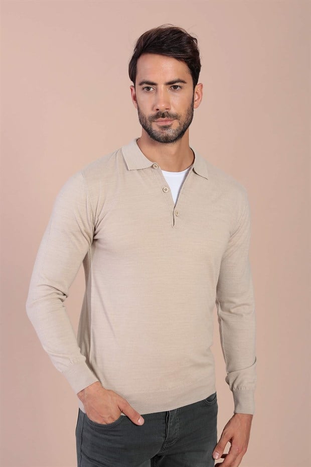 Ferraro Polo Yaka Superfine Yün Kazak - Taş
