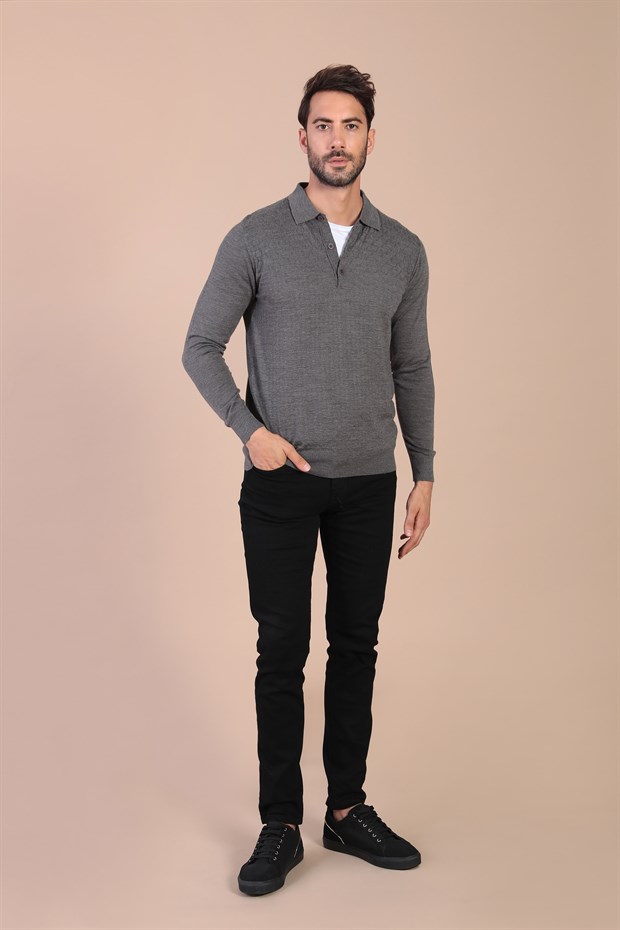 Ferraro Polo Yaka Superfine Yün Kazak - Gri