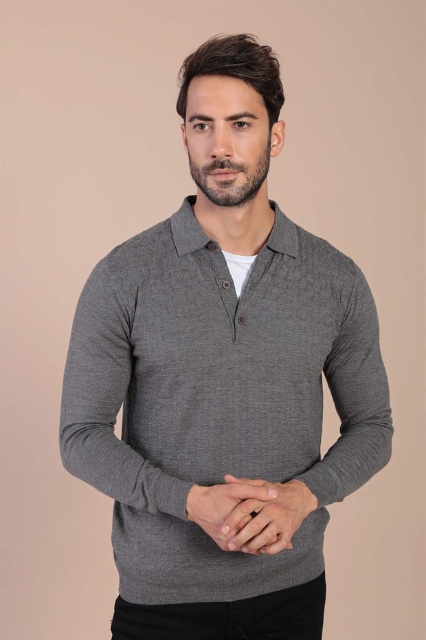 Ferraro Polo Yaka Superfine Yün Kazak - Gri