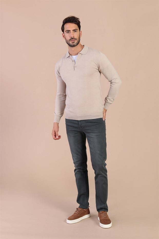 Ferraro Polo Yaka Superfine Yün Kazak - Taş