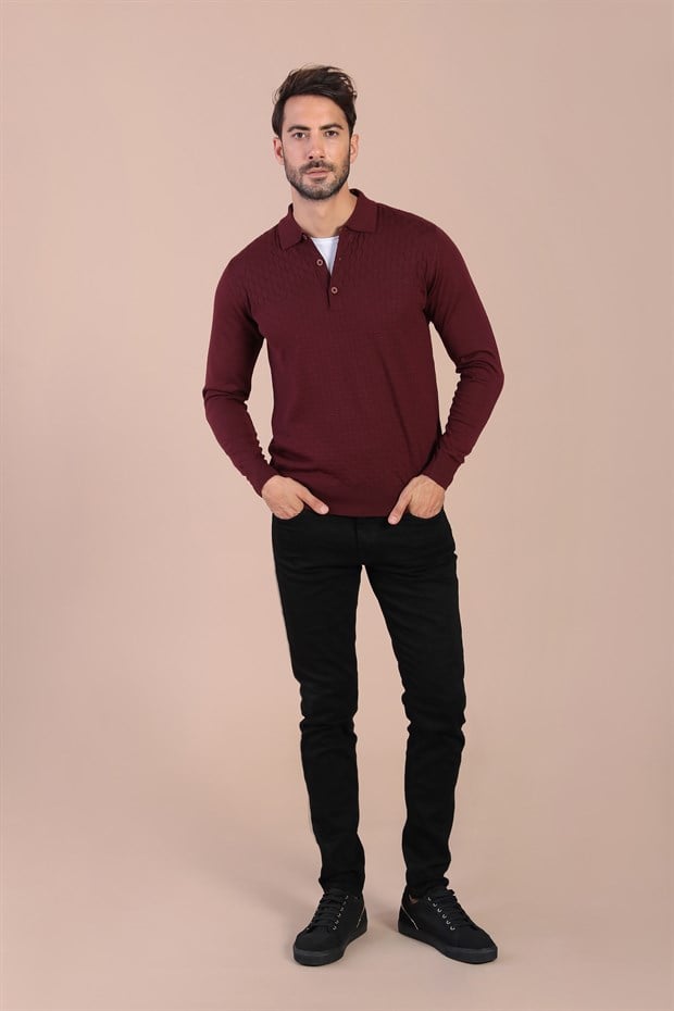 Ferraro Polo Yaka Superfine Yün Kazak - Bordo
