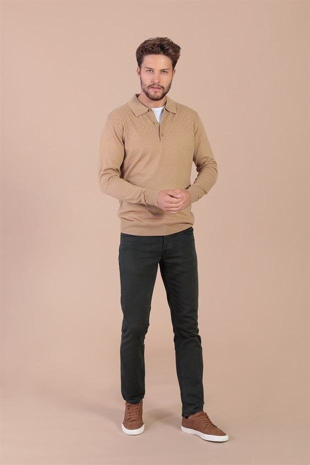 Ferraro Polo Yaka Superfine Yün Kazak - Camel