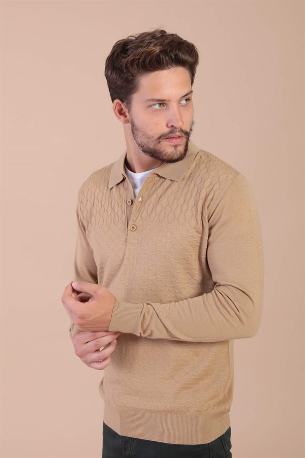 Ferraro Polo Yaka Superfine Yün Kazak - Camel