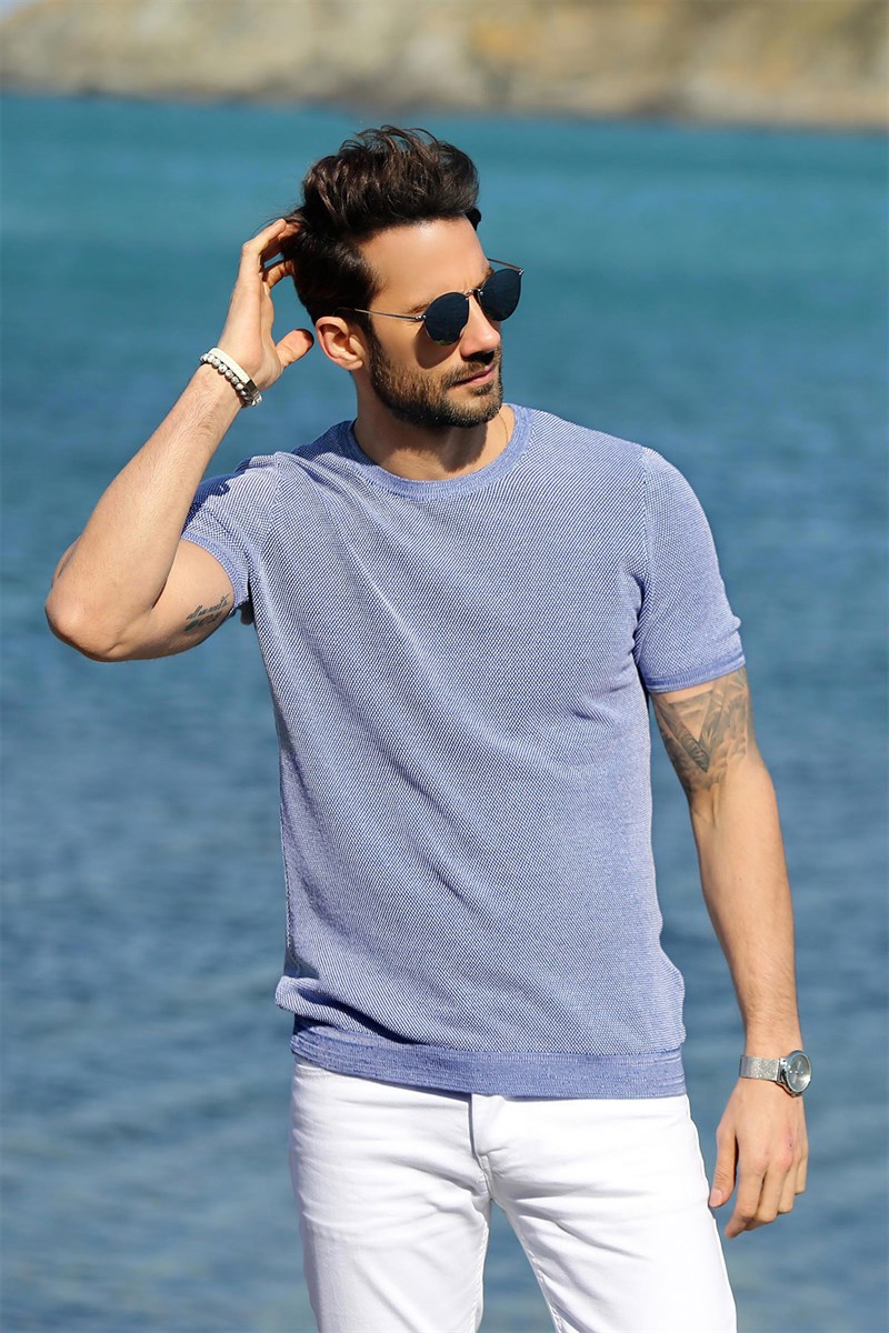 Ferraro Saks/Beyaz Kuşgözü Desenli Bisiklet Yaka Erkek Triko T-Shirt