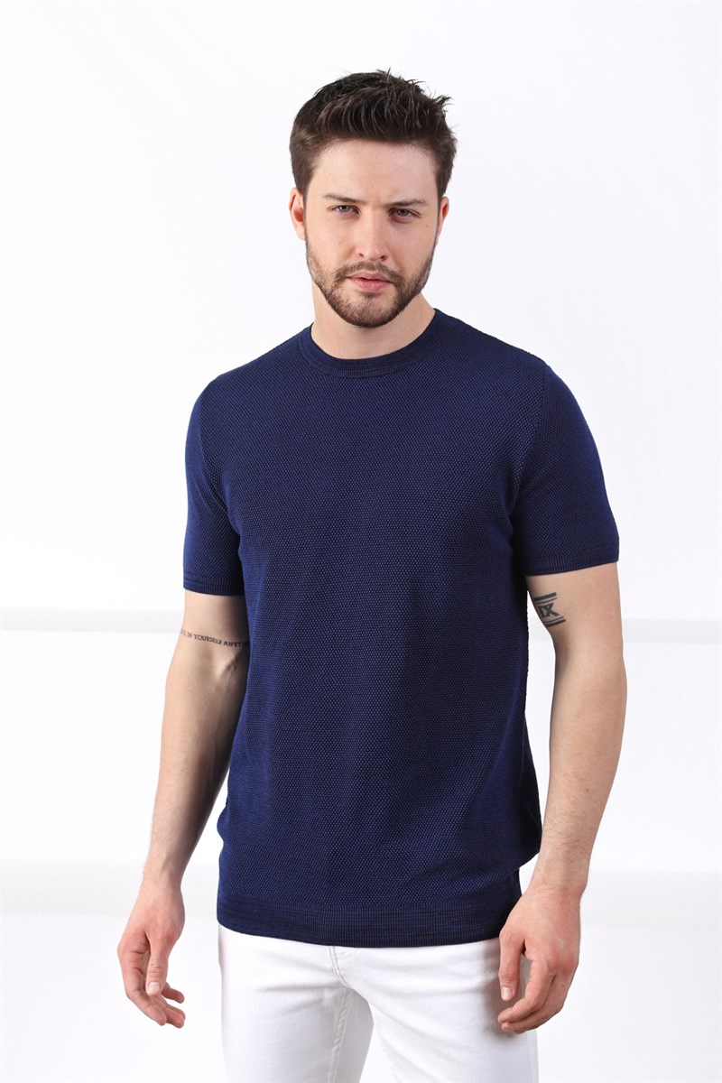 Ferraro Saks/Siyah Kuşgözü Desenli Bisiklet Yaka Erkek Triko T-Shirt