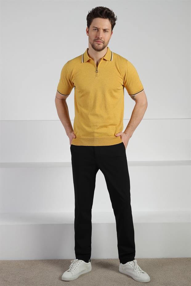 Ferraro Sarı Polo Yaka Fermuarlı Erkek Pamuk Triko T-Shirt