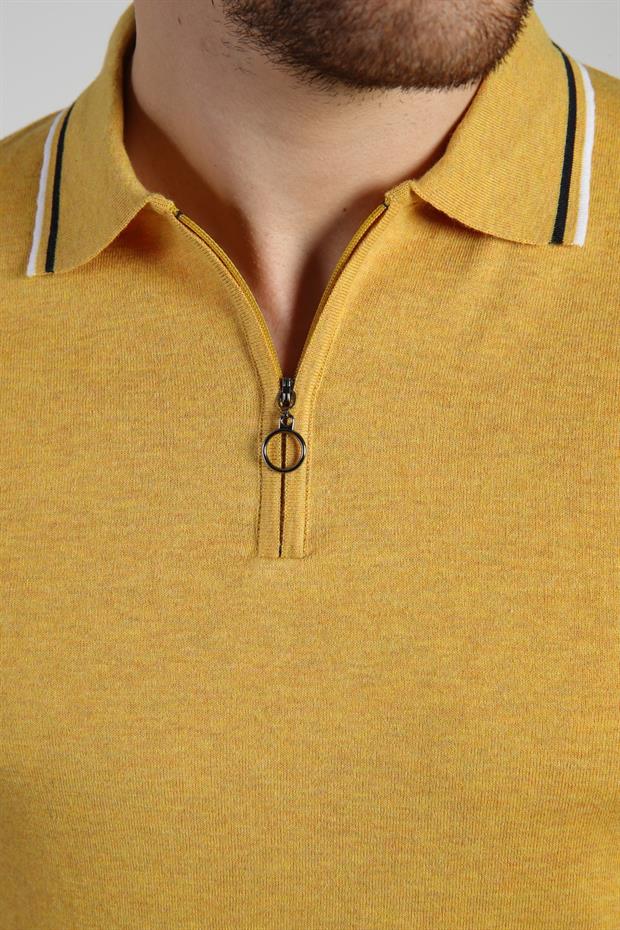 Ferraro Sarı Polo Yaka Fermuarlı Erkek Pamuk Triko T-Shirt