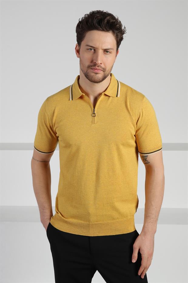 Ferraro Sarı Polo Yaka Fermuarlı Erkek Pamuk Triko T-Shirt