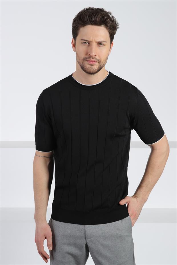 Ferraro Siyah Bisiklet Yaka Kısa Kol Erkek Viskon Triko T-Shirt