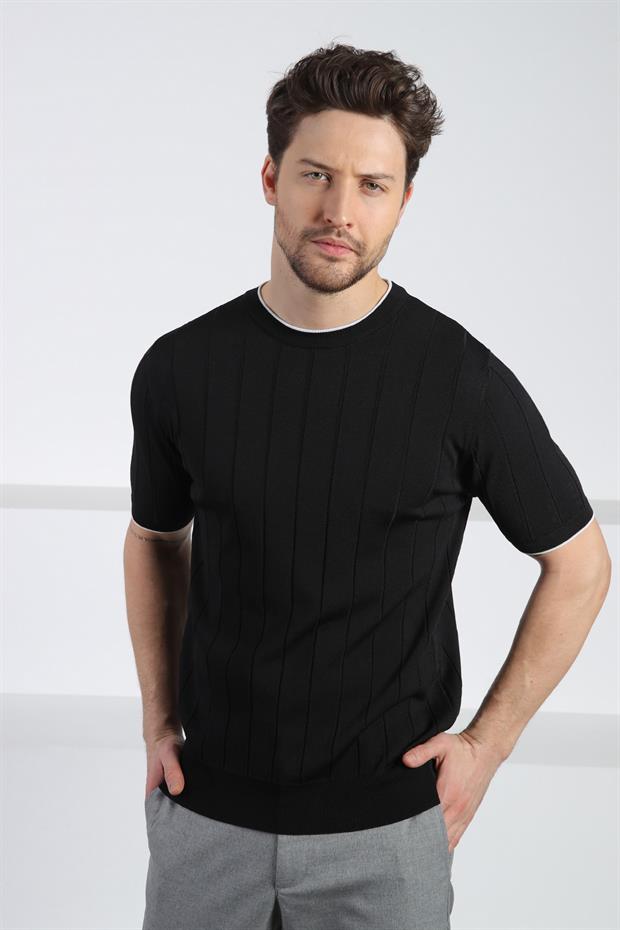 Ferraro Siyah Bisiklet Yaka Kısa Kol Erkek Viskon Triko T-Shirt