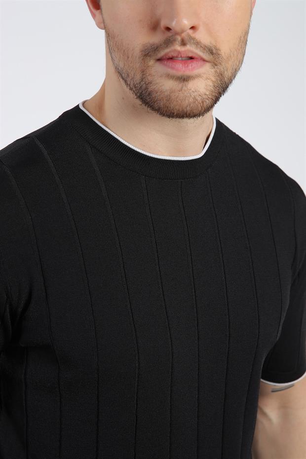 Ferraro Siyah Bisiklet Yaka Kısa Kol Erkek Viskon Triko T-Shirt