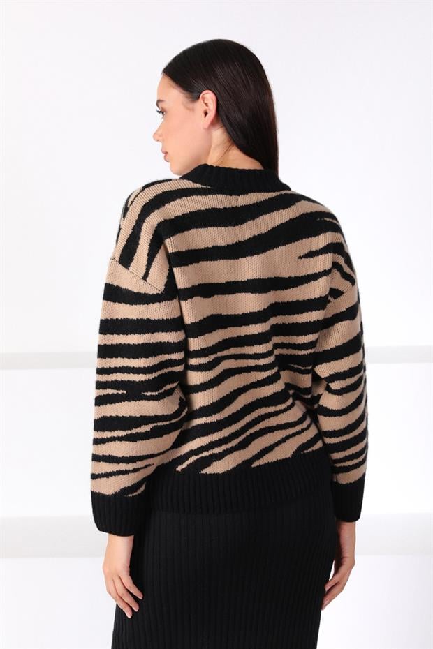 Siyah Bej Zebra Desenli %100 Saf Kaşmir Kadın Triko Kazak