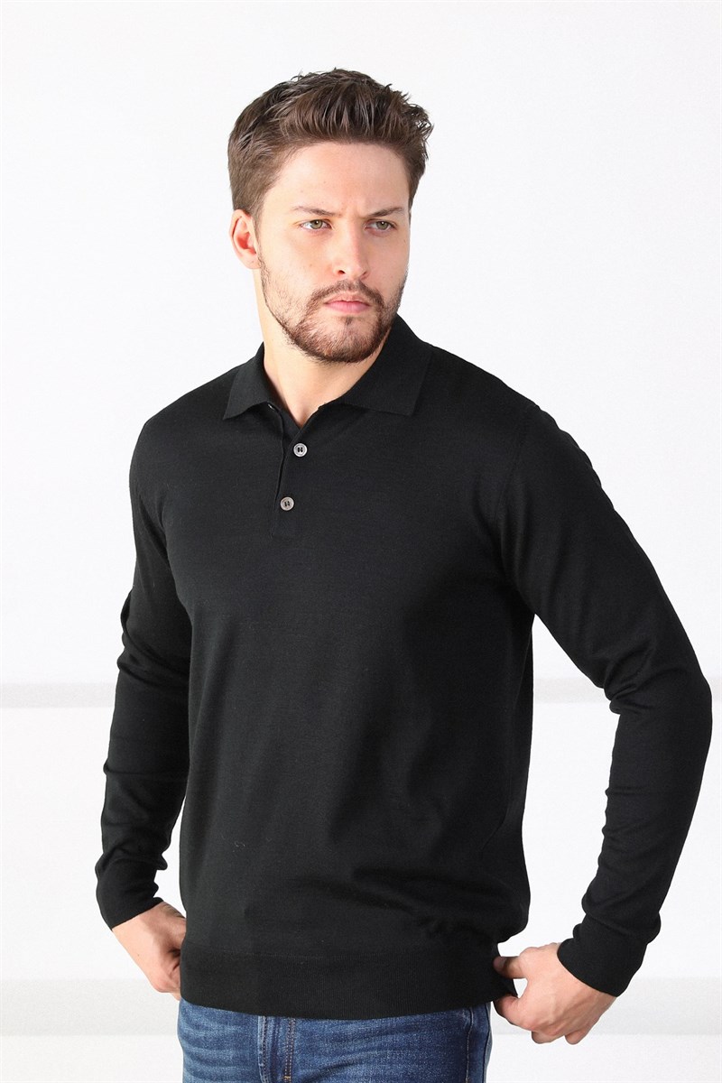 Ferraro Siyah Polo Yaka Superfine Erkek Triko Kazak