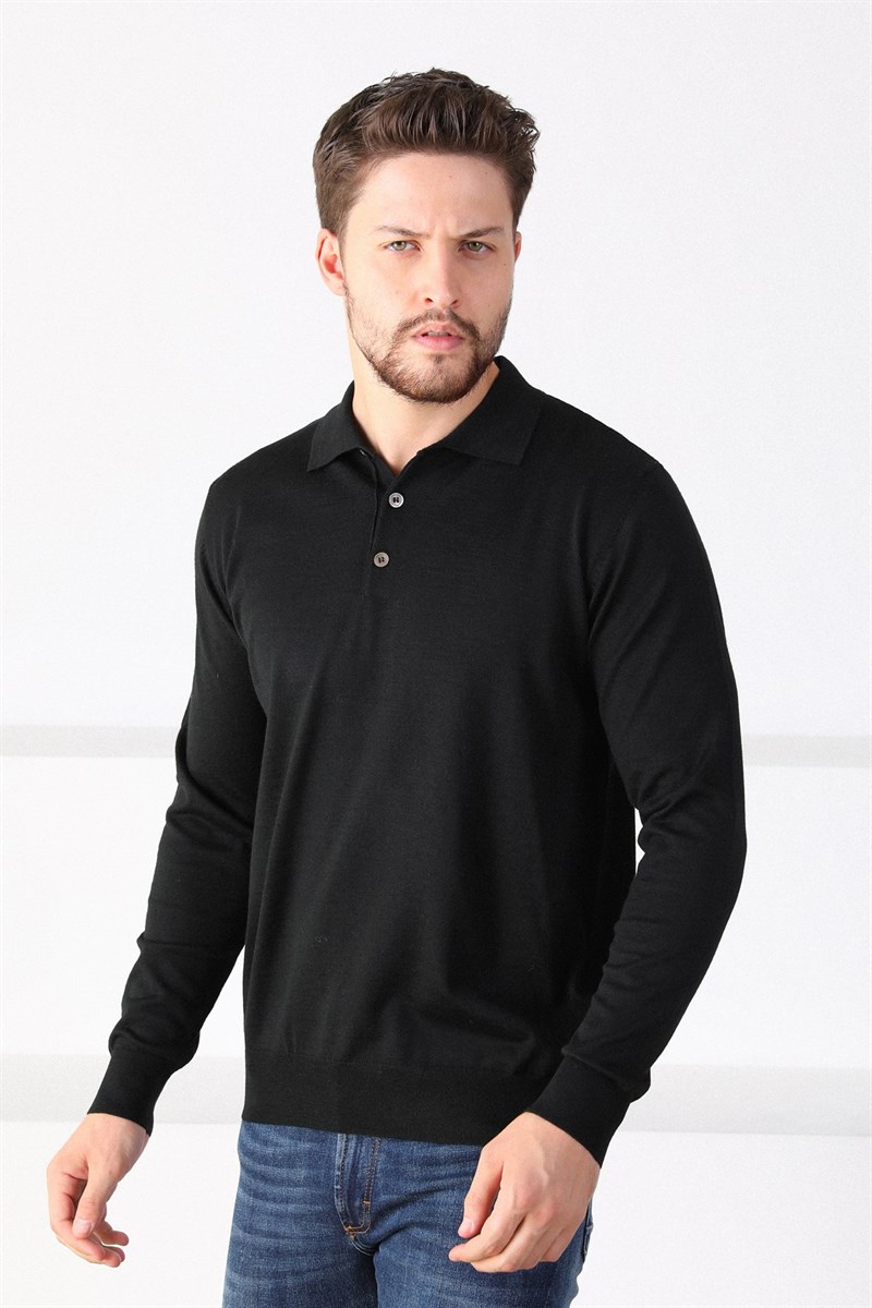 Ferraro Siyah Polo Yaka Superfine Erkek Triko Kazak