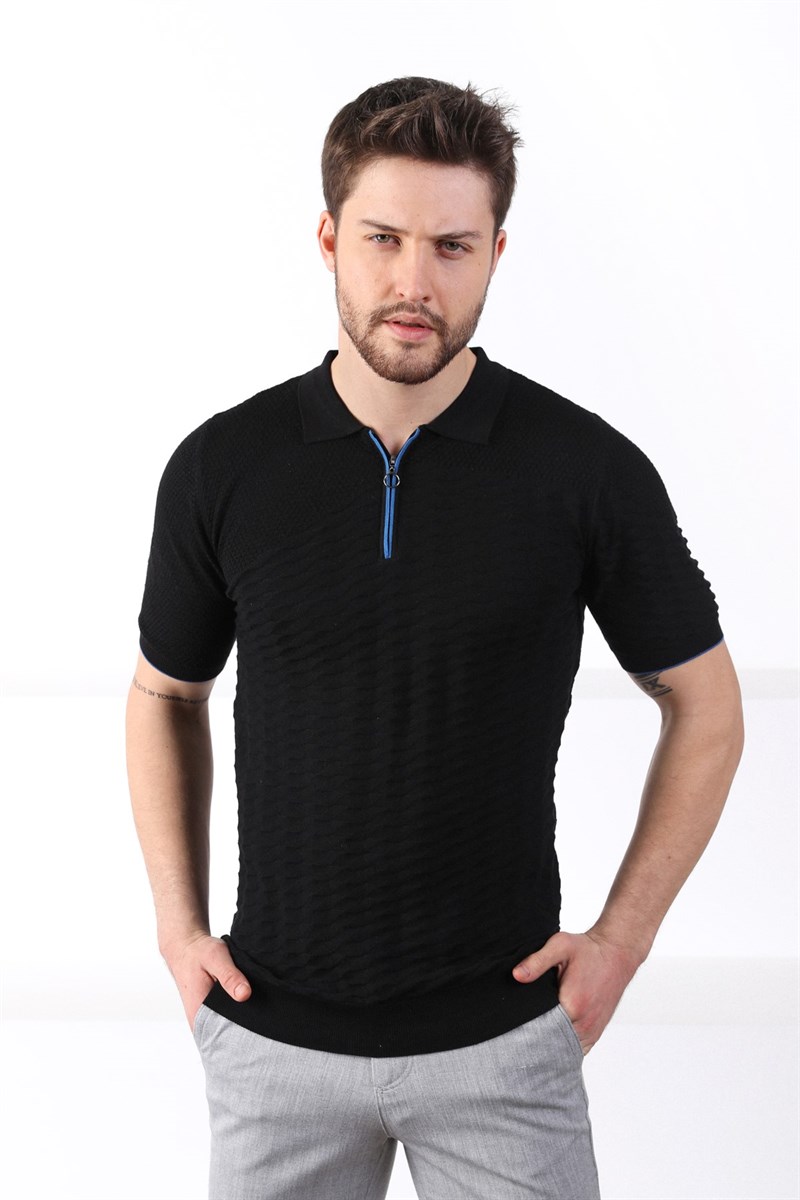 Ferraro Siyah Polo Yaka Fermuarlı Erkek Pamuk Triko T-Shirt