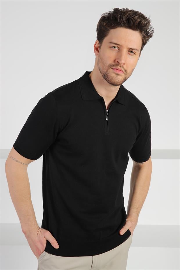 Ferraro Siyah Polo Yaka Fermuarlı Erkek Pamuk Triko T-Shirt