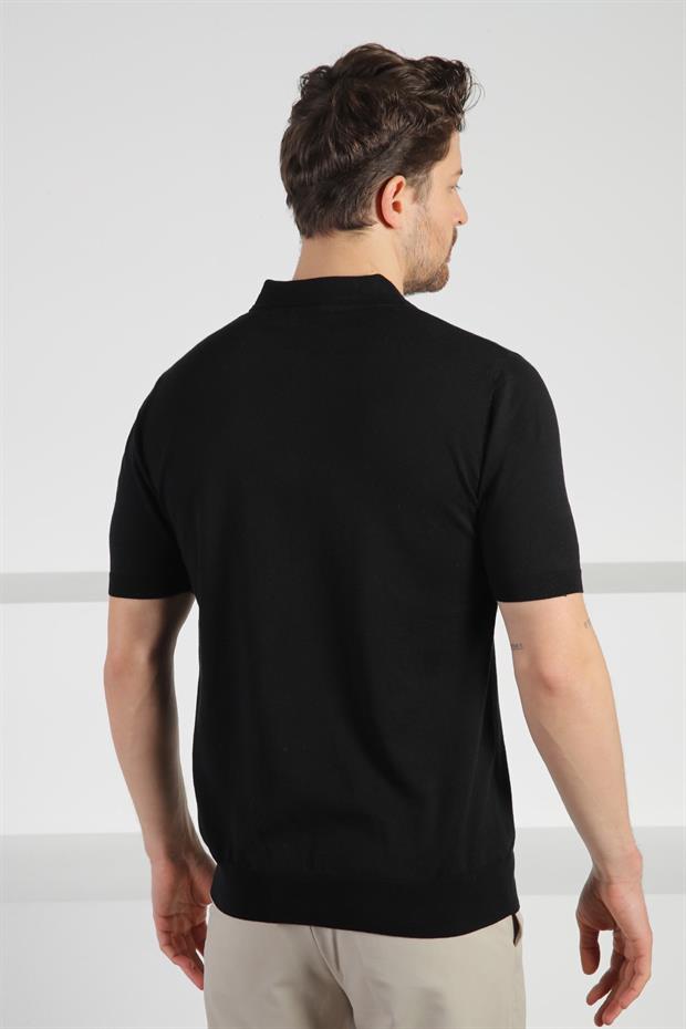 Ferraro Siyah Polo Yaka Fermuarlı Erkek Pamuk Triko T-Shirt