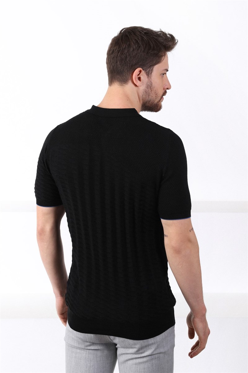 Ferraro Siyah Polo Yaka Fermuarlı Erkek Pamuk Triko T-Shirt