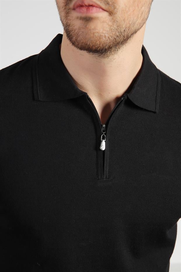 Ferraro Siyah Polo Yaka Fermuarlı Erkek Pamuk Triko T-Shirt