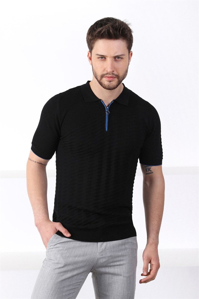 Ferraro Siyah Polo Yaka Fermuarlı Erkek Pamuk Triko T-Shirt