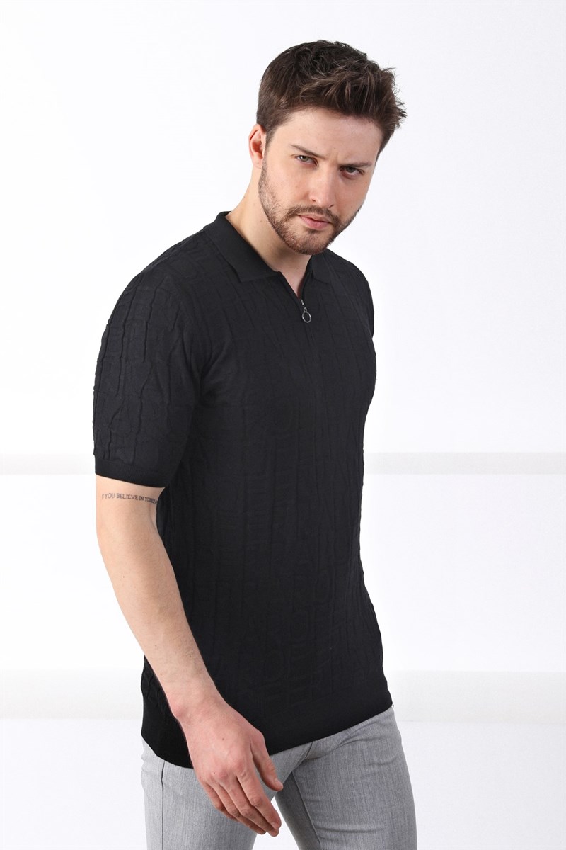 Ferraro Siyah Polo Yaka Fermuarlı Erkek Pamuk Triko T-Shirt