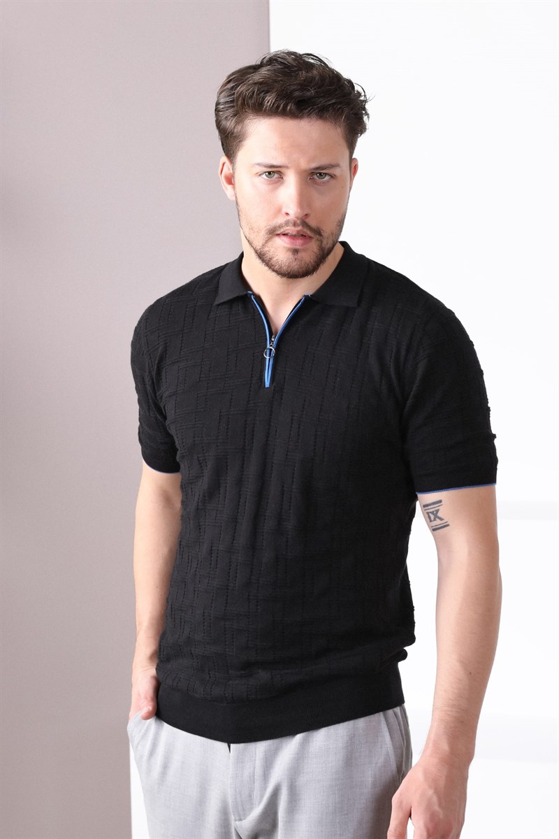 Ferraro Siyah Polo Yaka Fermuarlı Erkek Pamuk Triko T-Shirt