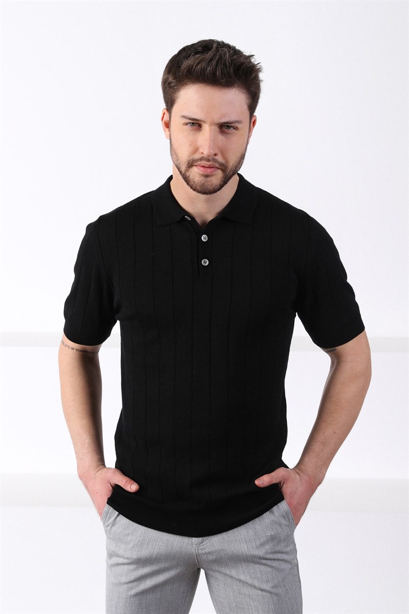 Ferraro Siyah Polo Yaka Fitilli Erkek Pamuk Triko T-Shirt
