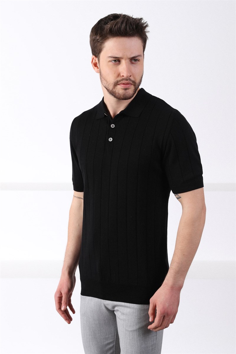 Ferraro Siyah Polo Yaka Fitilli Erkek Pamuk Triko T-Shirt