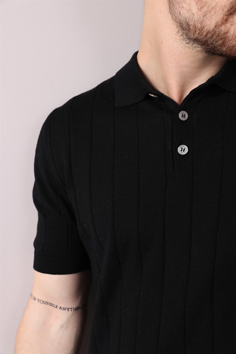 Ferraro Siyah Polo Yaka Fitilli Erkek Pamuk Triko T-Shirt