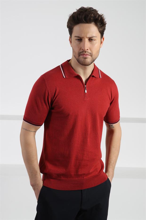 Ferraro Tarçın Polo Yaka Fermuarlı Erkek Pamuk Triko T-Shirt