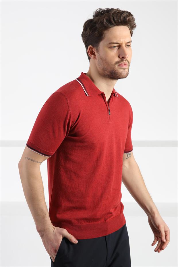 Ferraro Tarçın Polo Yaka Fermuarlı Erkek Pamuk Triko T-Shirt