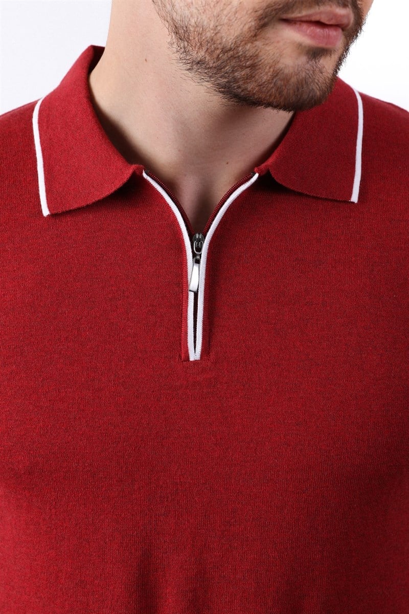 Ferraro Tarçın Yaka Şerit Fermuarlı Erkek Pamuk Triko T-Shirt