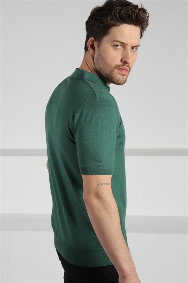 Ferraro Yeşil Fermuarlı Polo Yaka %100 Pamuk Erkek Triko T-Shirt