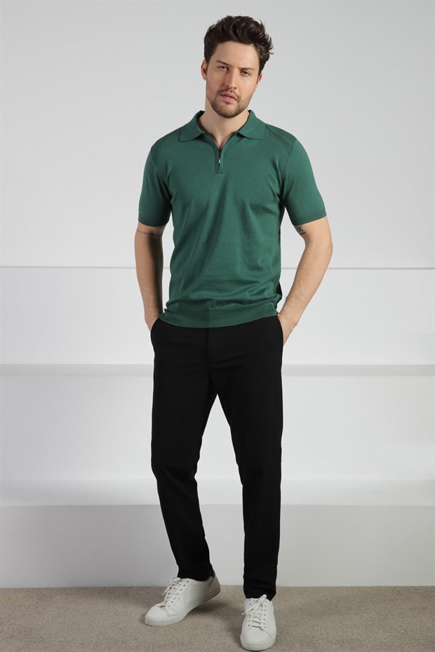Ferraro Yeşil Fermuarlı Polo Yaka %100 Pamuk Erkek Triko T-Shirt