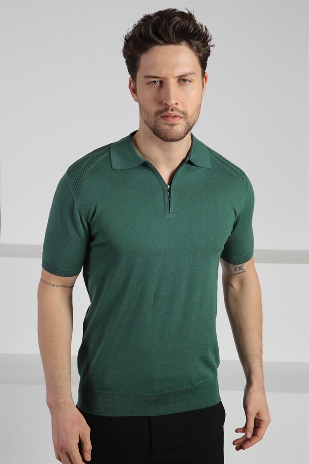 Ferraro Yeşil Fermuarlı Polo Yaka %100 Pamuk Erkek Triko T-Shirt