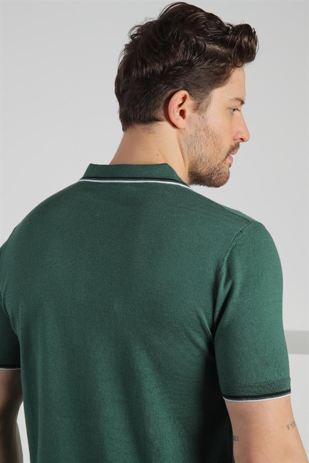 Ferraro Yeşil Polo Yaka Fermuarlı Erkek Pamuk Triko T-Shirt