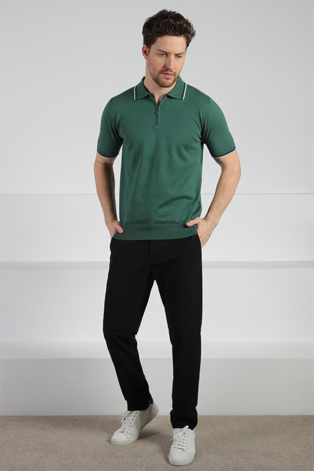 Ferraro Yeşil Polo Yaka Fermuarlı Erkek Pamuk Triko T-Shirt