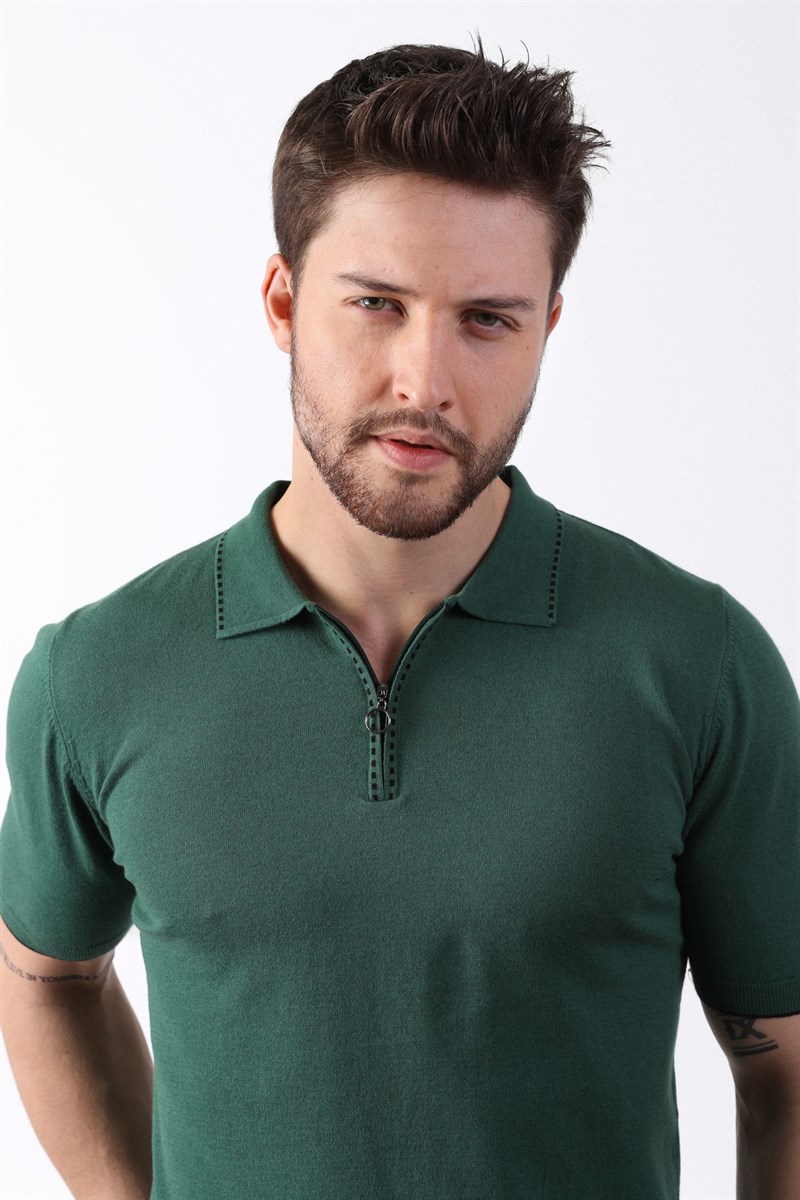Ferraro Yeşil Polo Yaka Fermuarlı Erkek Pamuk Triko T-Shirt