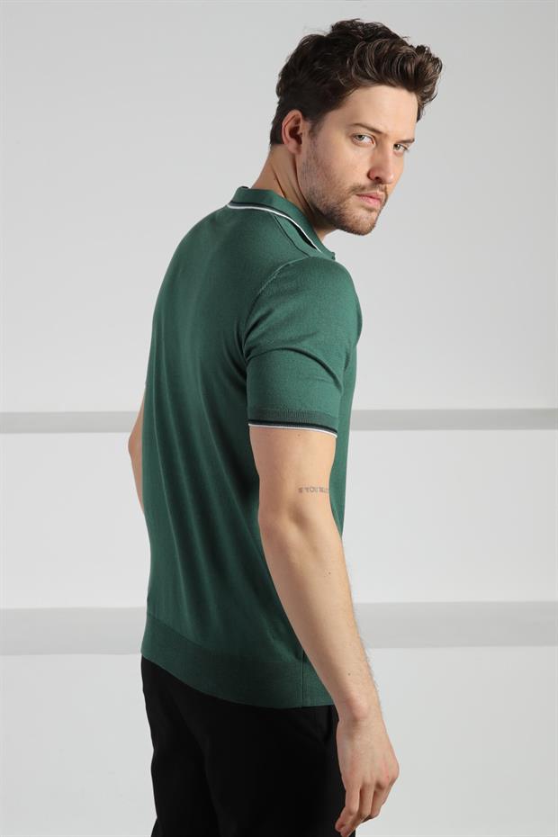 Ferraro Yeşil Polo Yaka Fermuarlı Erkek Pamuk Triko T-Shirt